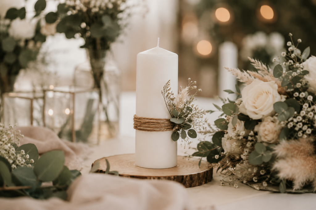 Weiße Hochzeitskerze mit Jute-Band und Trockenblumen auf einer Holzscheibe dekoriert