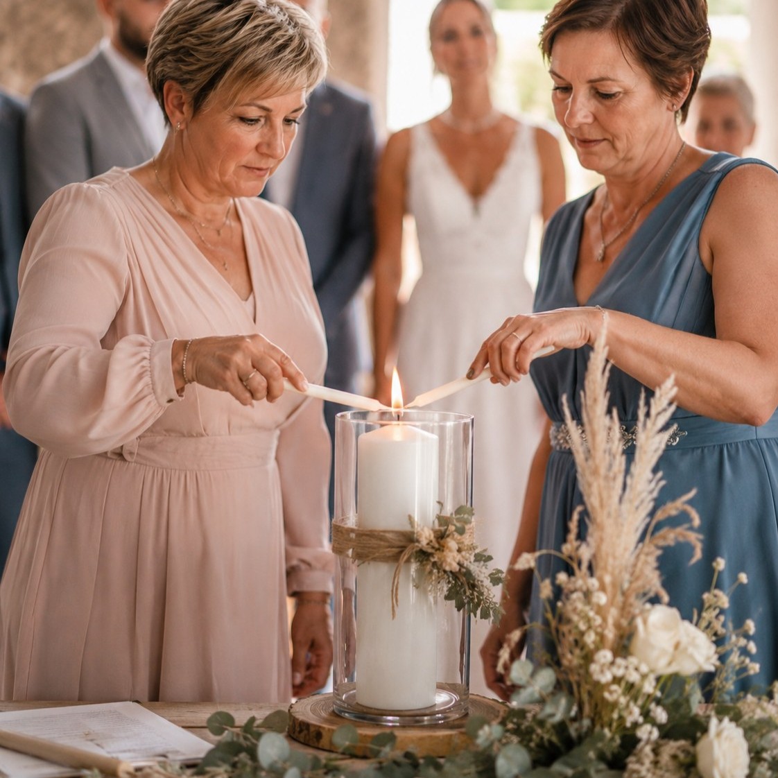  Zwei Mütter entzünden gemeinsam die Hochzeitskerze während einer freien Trauung