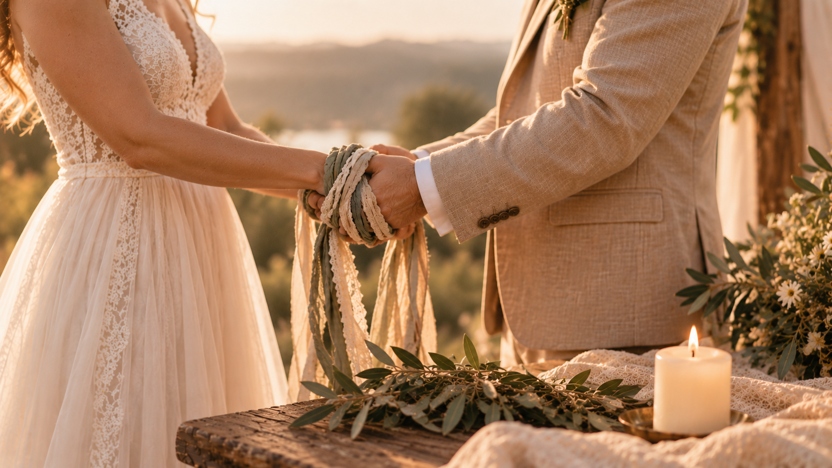 Hände von Braut und Bräutigam werden bei einem Handfasting mit mehreren Bändern verbunden.
