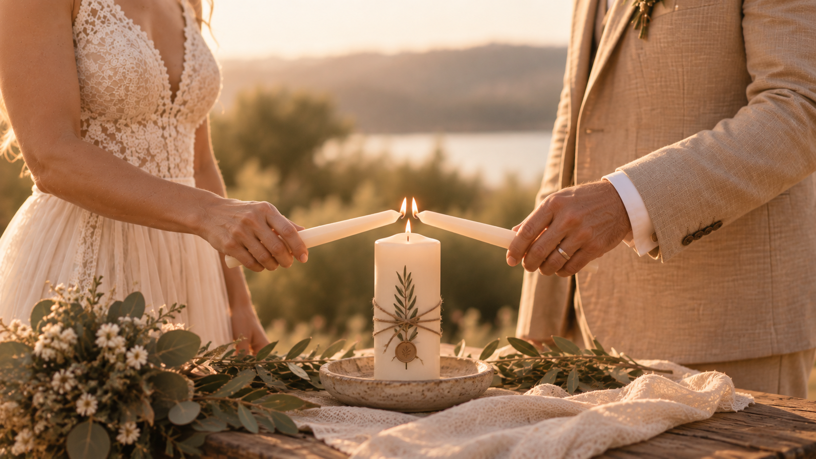 Brautpaar entzündet während der freien Trauung gemeinsam eine Hochzeitskerze.