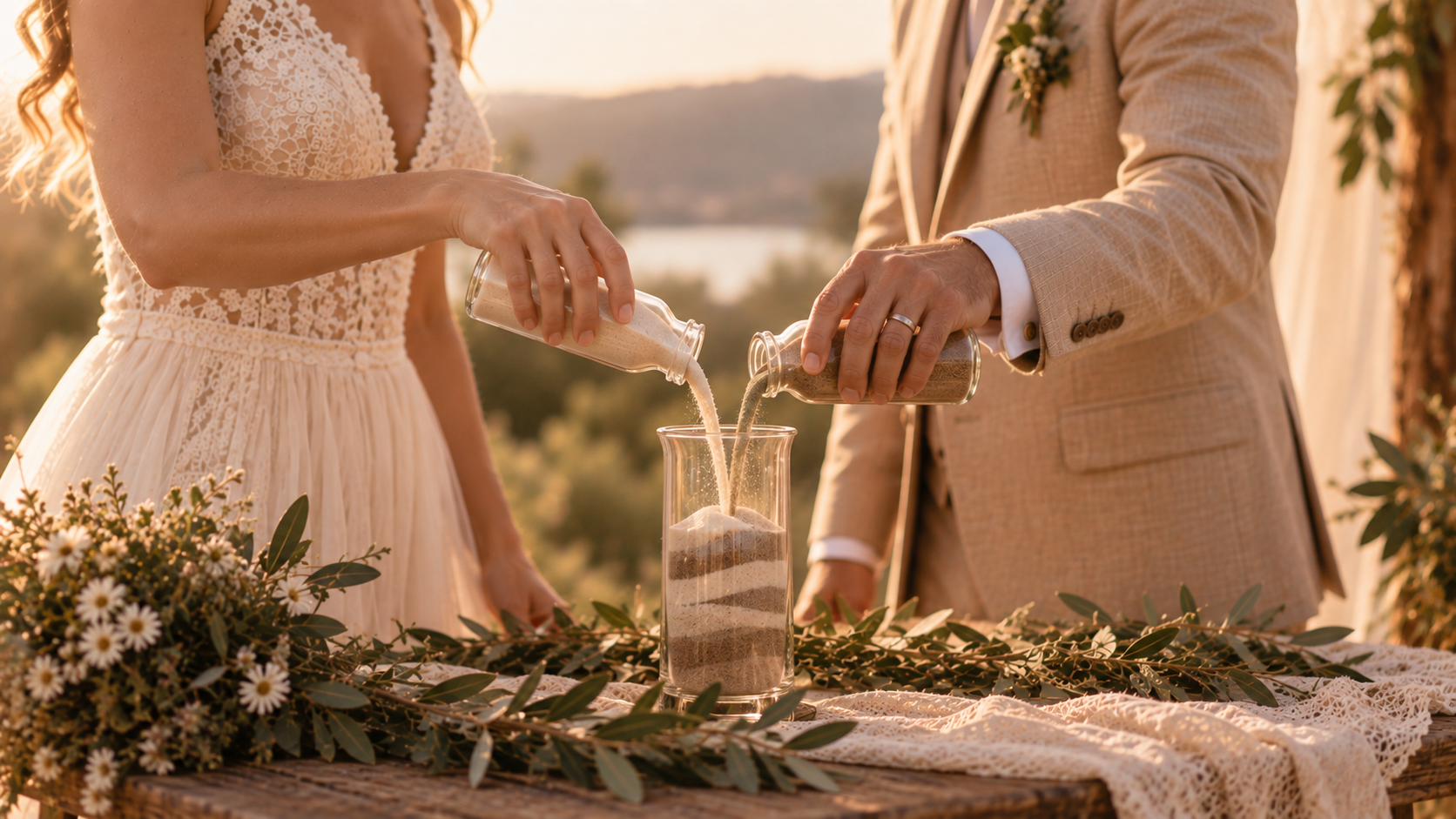 Brautpaar gießt bei einem Sandritual zwei verschiedene Sandsorten gemeinsam in ein Glasgefäß.
