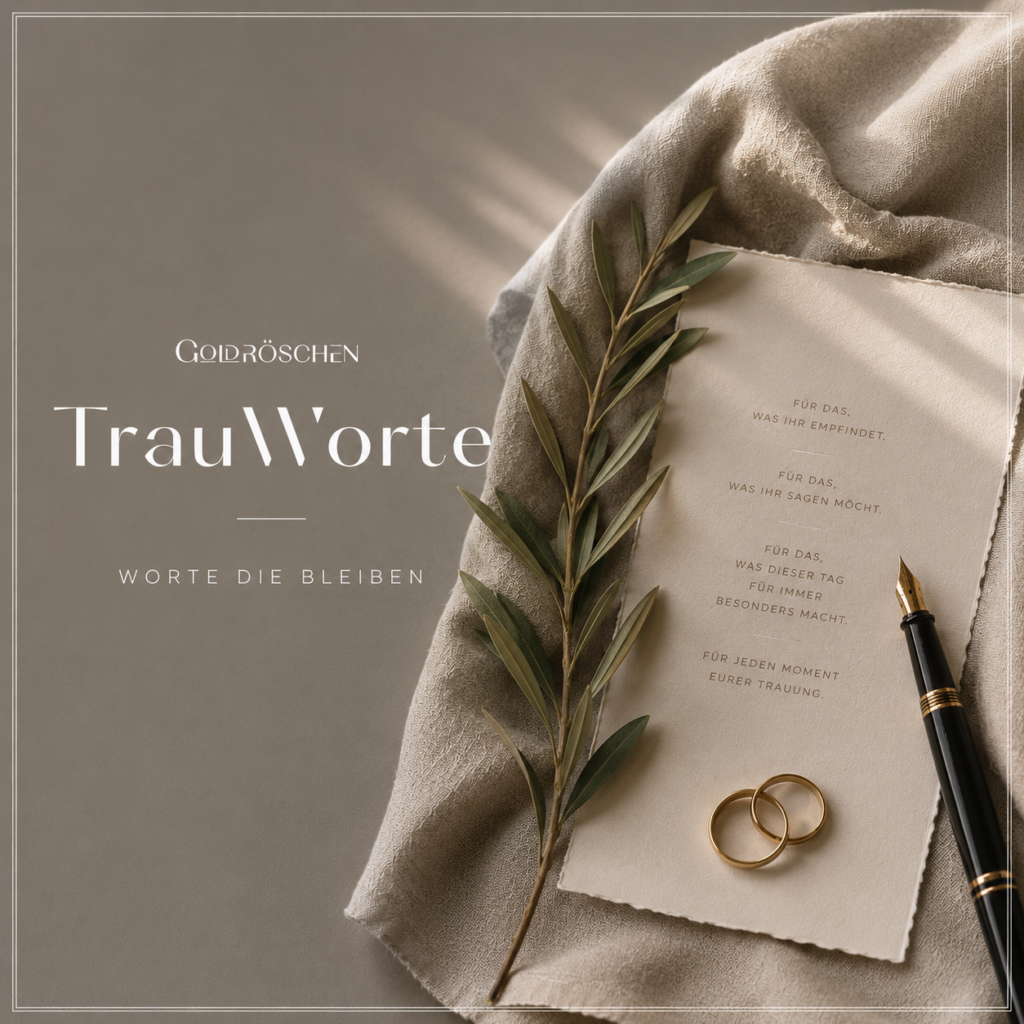Elegantes Cover der Goldröschen Reihe TrauWorte mit Eheringen, Füller und hochwertigem Papier für freie Trauungen