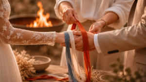 Handfasting Ritual mit farbigen Bändern und Feuer bei einer freien Trauung