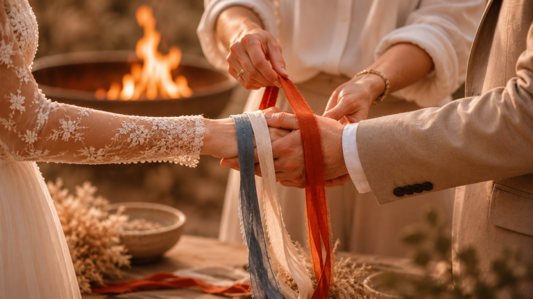Handfasting Ritual mit farbigen Bändern und Feuer bei einer freien Trauung