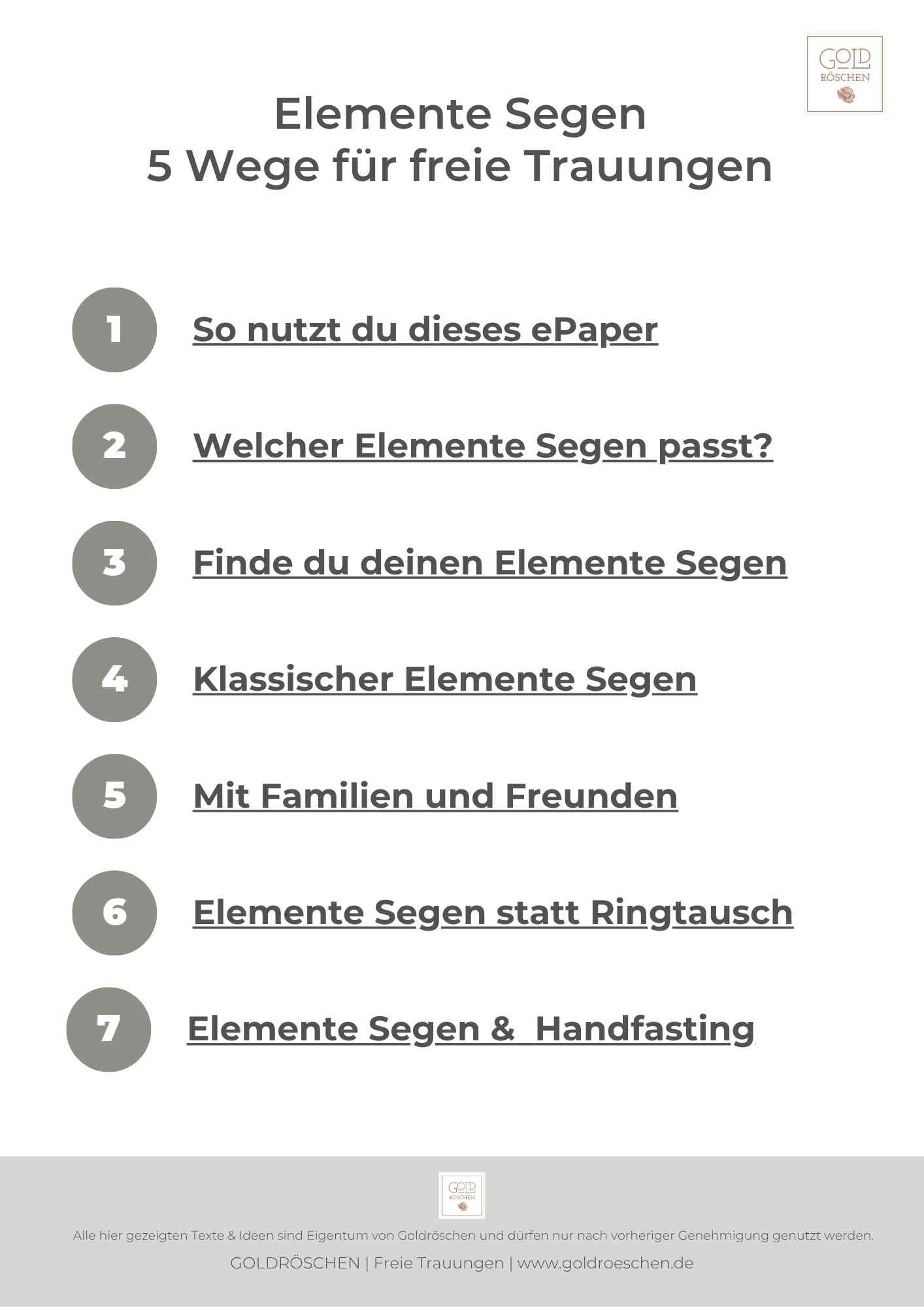 Kapitelübersicht des eBooks Elemente Segen