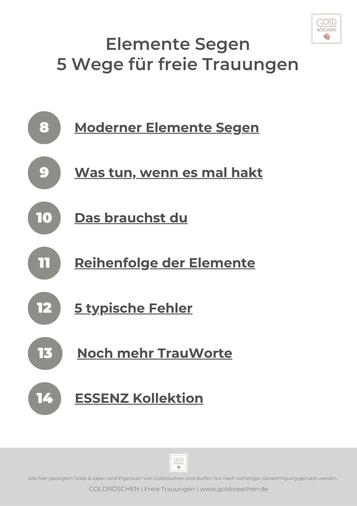 Inhaltsverzeichnis des eBooks Elemente Segen für freie Trauungen