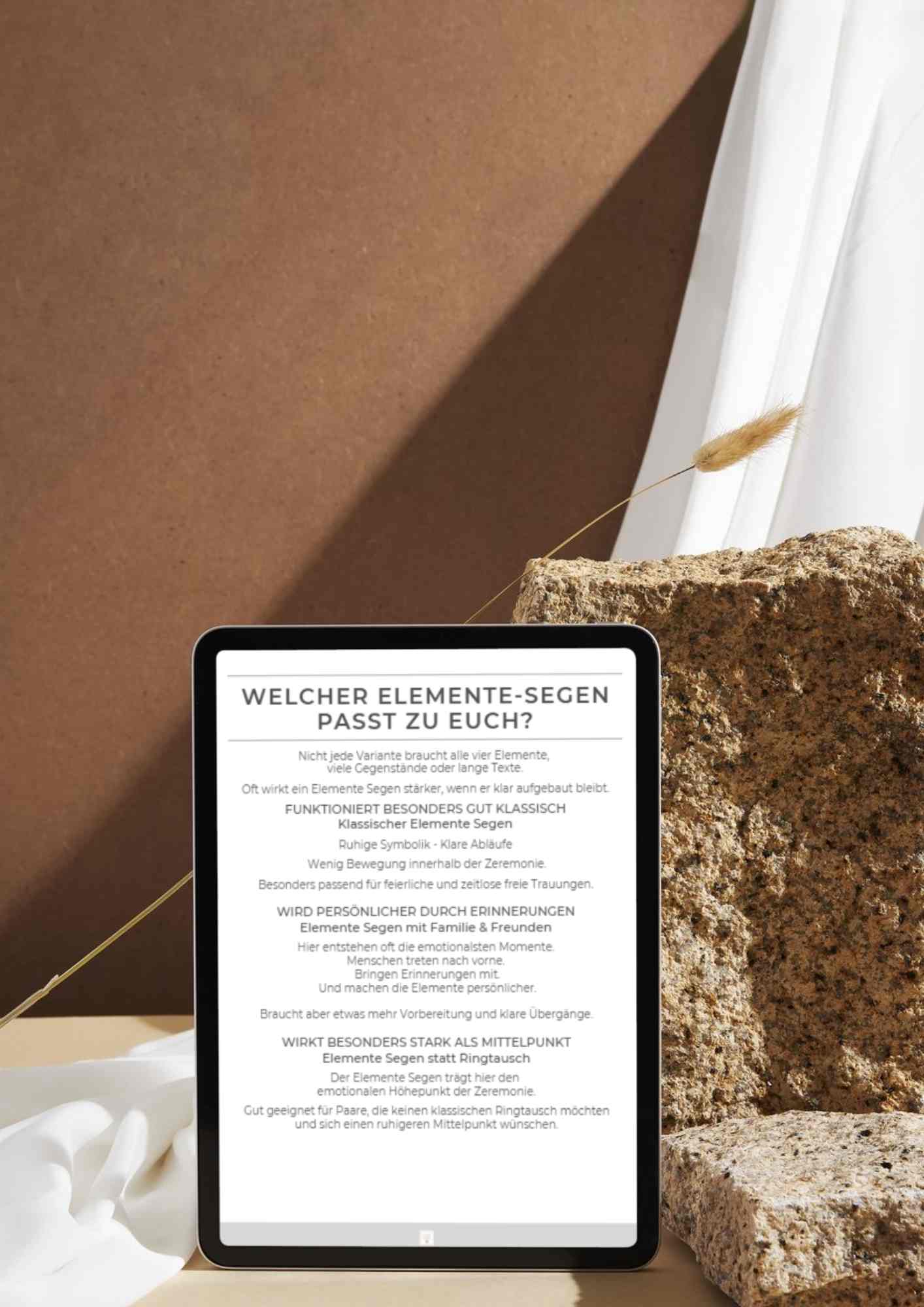 Elemente Segen eBook auf einem Tablet mit modernem Zeremonie Text