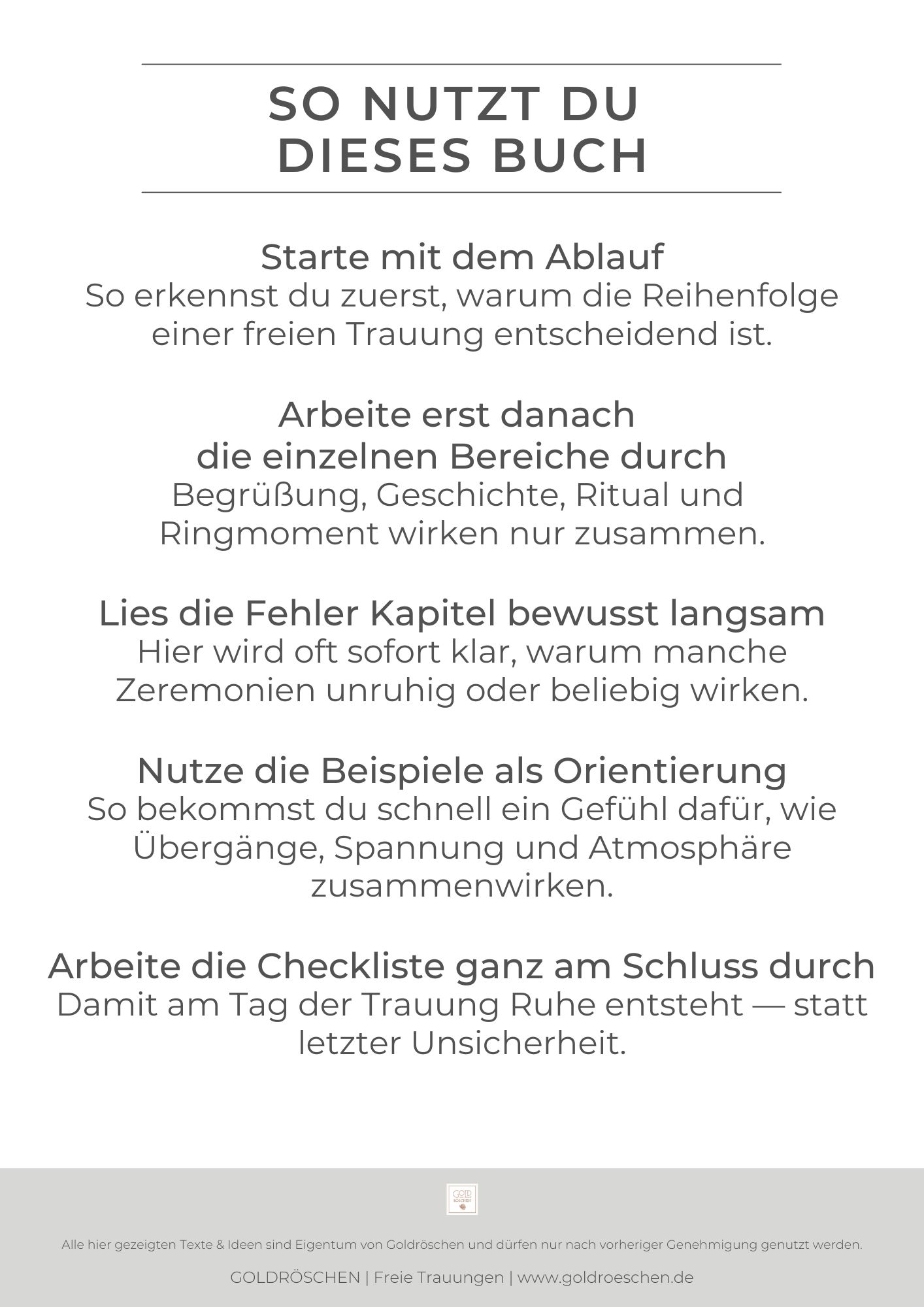 Anleitung zur Nutzung des ESSENZ Buches Traurede schreiben mit Ablauf, Übergängen, Beispielen und Checklisten