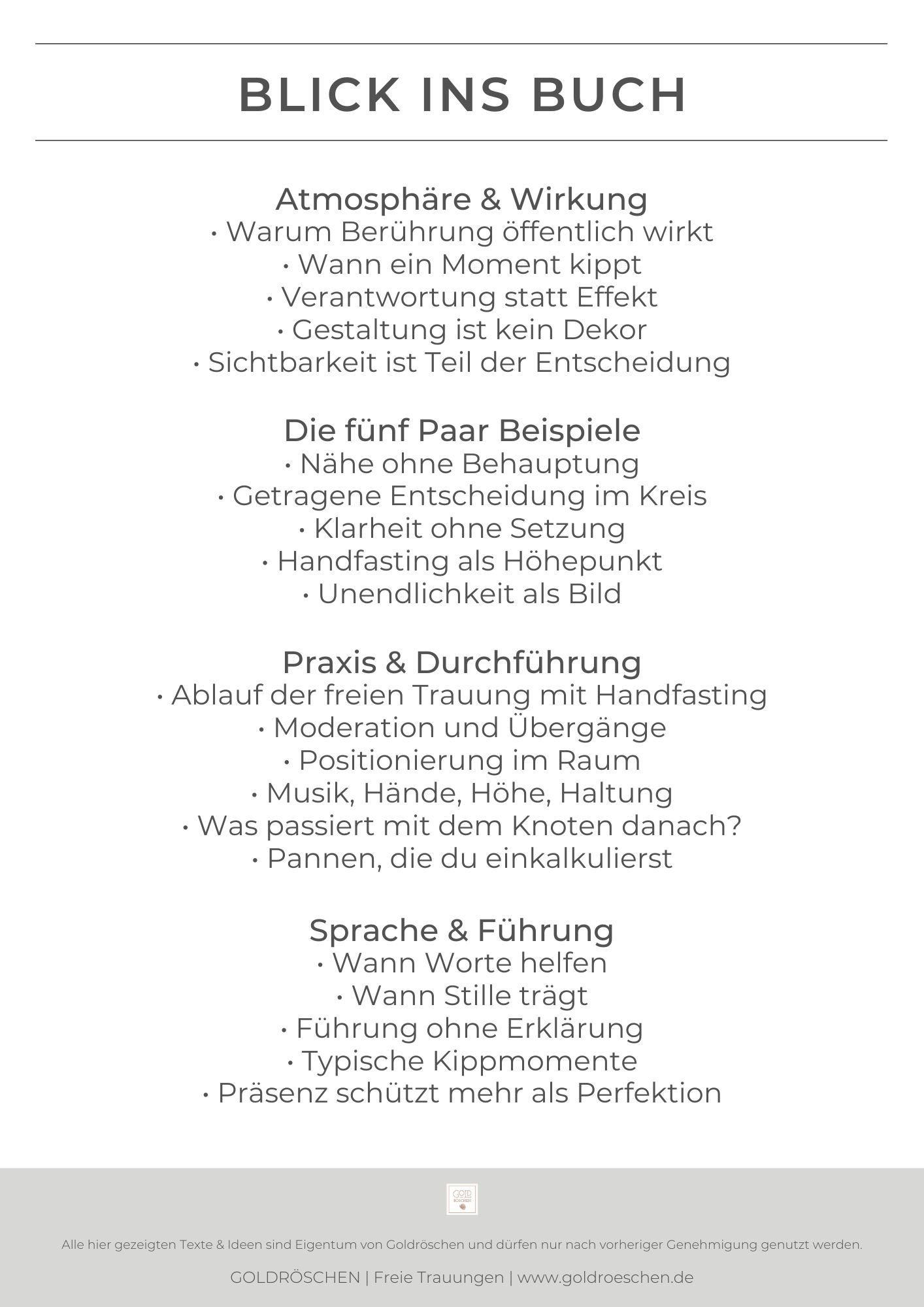 Inhaltsübersicht des Handfasting E Papers mit Themen zu Wirkung, Atmosphäre, Paar Beispielen, Ablauf und Sprache in freien Trauungen