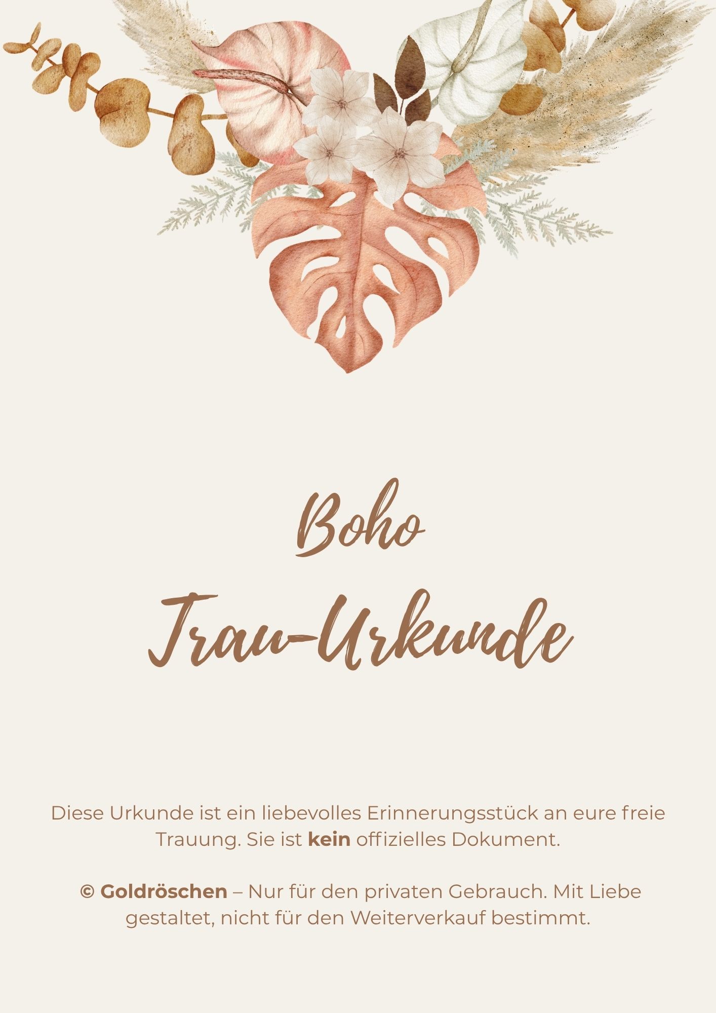 Boho Trauurkunde Vorlage mit Aquarell-Floralmotiv von Goldröschen – Monstera, Pampasgras und Trockenblumen in Erdtönen