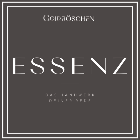 ESSENZ Logo von Goldröschen in Dark Grey mit dem Claim Das Handwerk deiner Rede