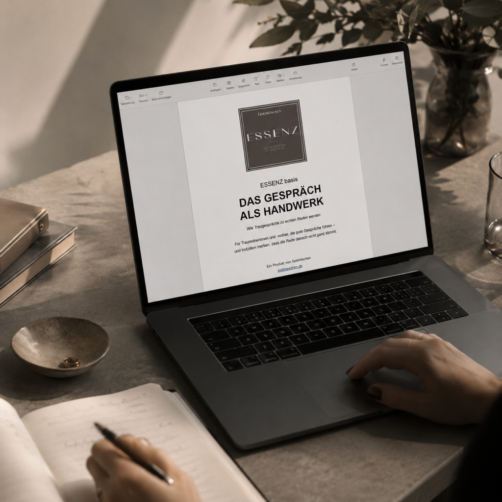 ESSENZ PDF Traugespräch führen von Goldröschen auf einem Laptop – Fachbuch für freie Rednerinnen und Redner