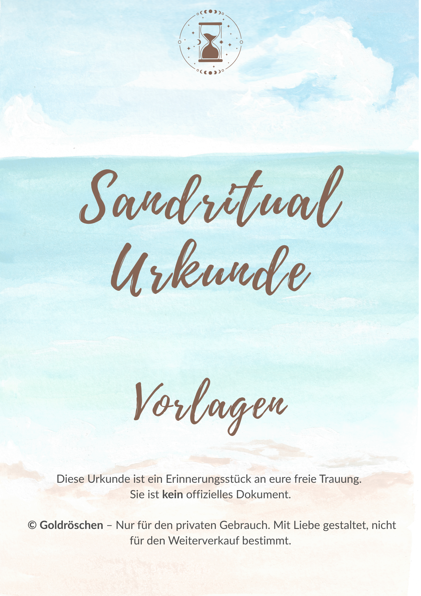 Trauurkunde Vorlage für das Sandritual von Goldröschen – warmer Papierton mit Sanduhr-Illustration und handschriftlicher Typografie