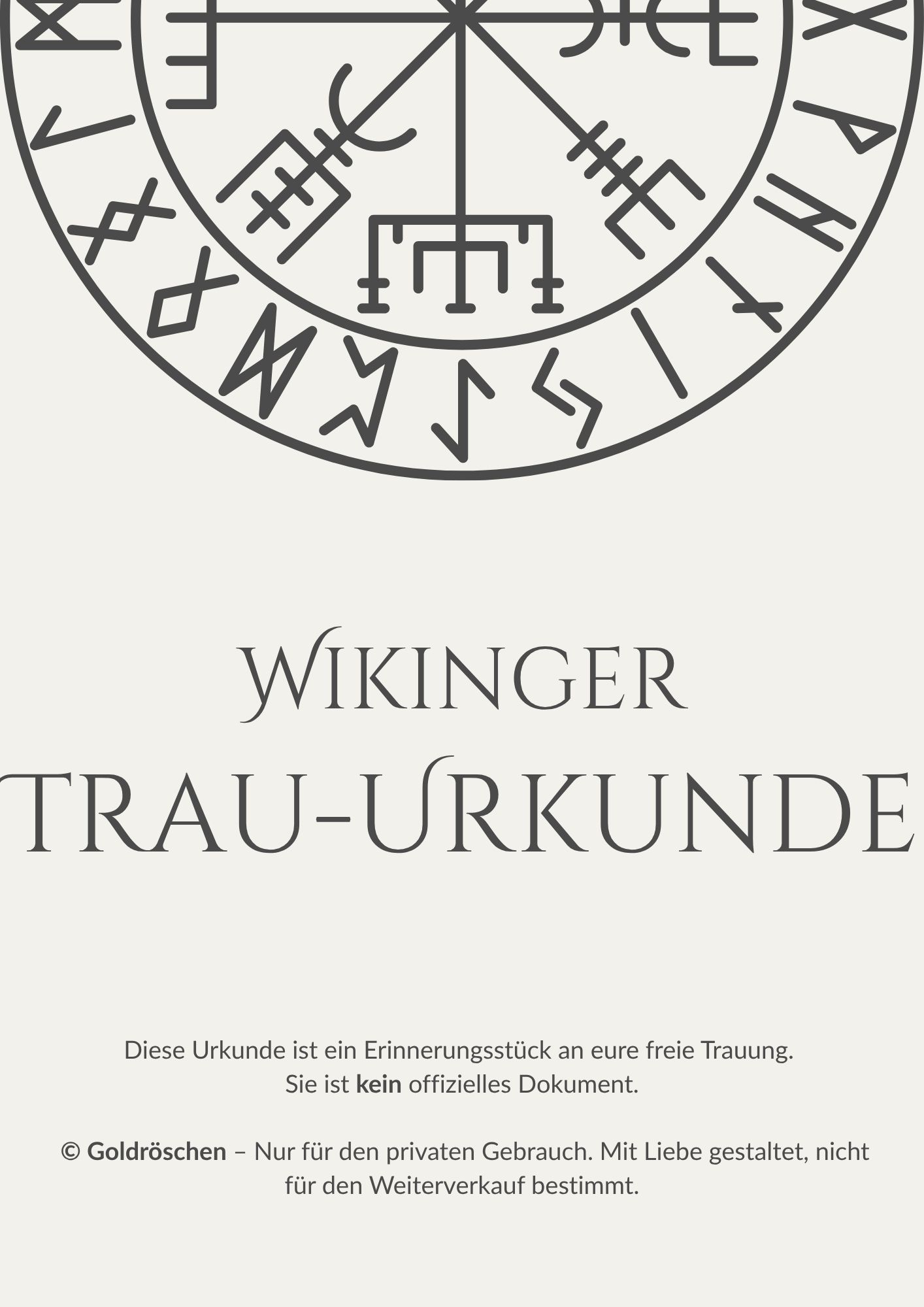 Wikinger Trauurkunde Vorlage mit Vegvísir-Runenkompass von Goldröschen – klares nordisches Design in Schwarz auf hellem Grund