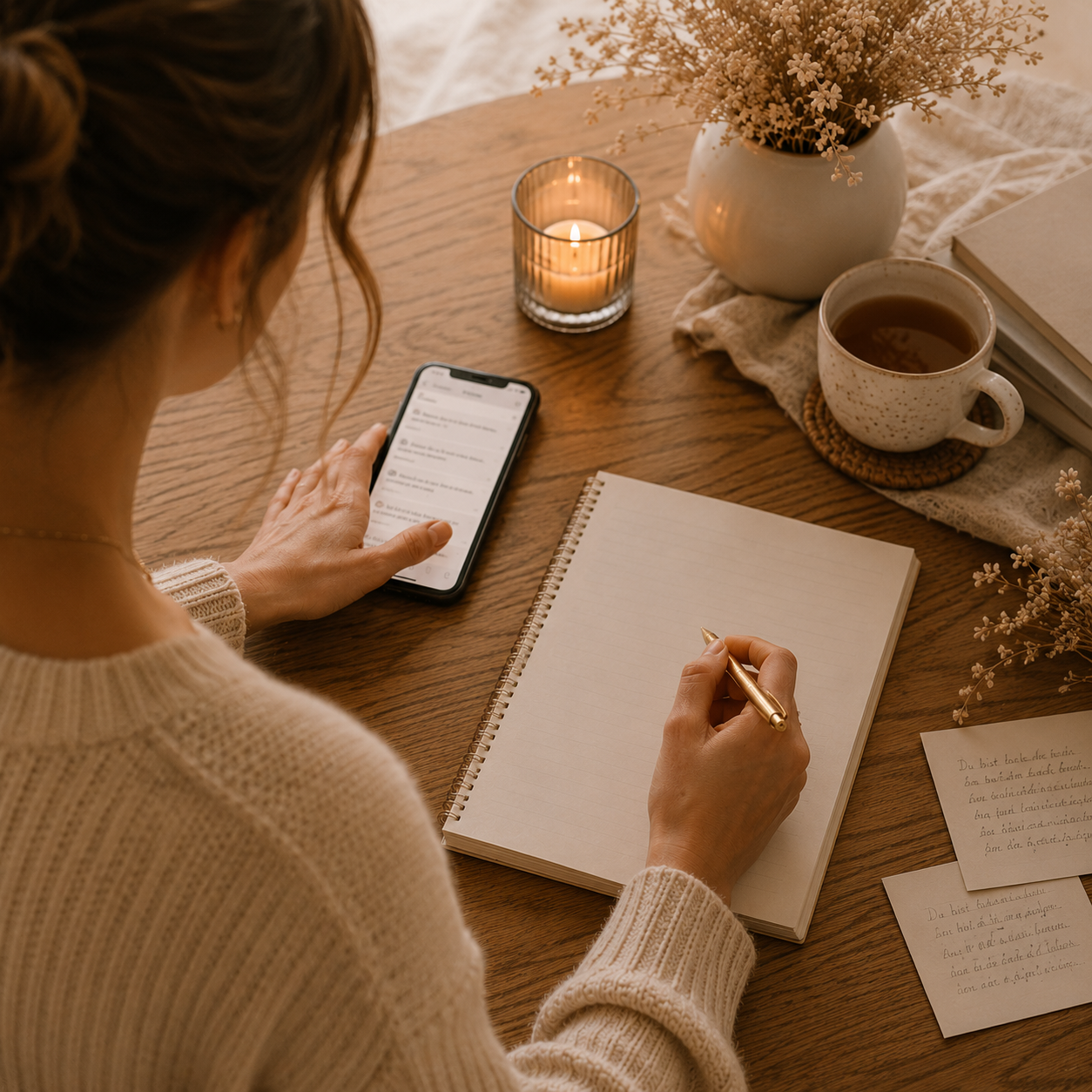 Frau schreibt Eheversprechen im Notizbuch, Handy mit Beispielen daneben
