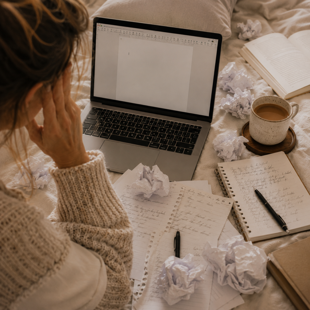 Laptop mit leerem Dokument auf Schreibtisch mit Kaffee und Notizbuch – der Moment vor dem ersten Satz