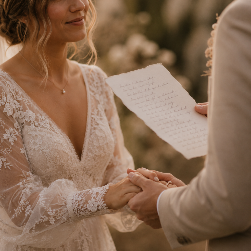 Braut liest ihr Eheversprechen vor während der Bräutigam zuhört in einer freien Trauung im Freien