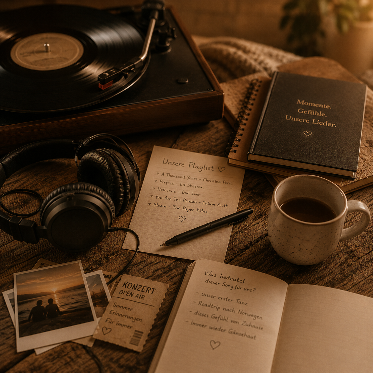 Vinyl-Plattenspieler, Kopfhörer und Notizbuch mit handgeschriebener Playlist – Eheversprechen schreiben mit Musik