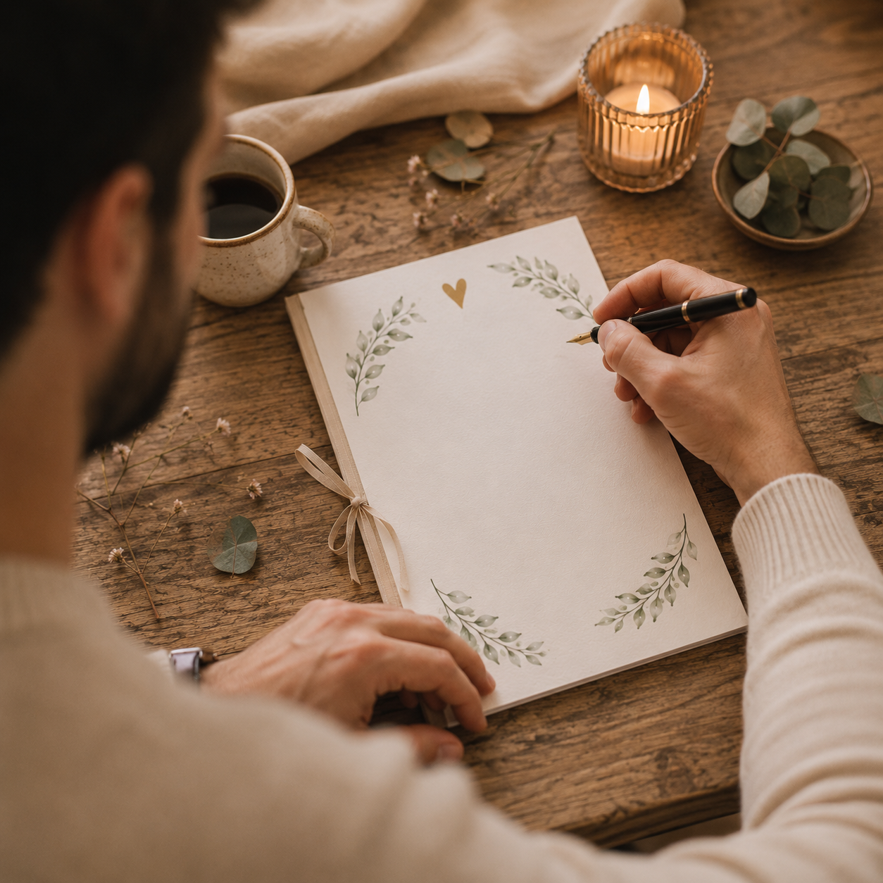 Person sitzt an rustikalem Holztisch vor leerem Blatt mit Stift, Kerzen und Eukalyptus
