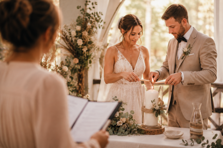 Freie Traurednerin begleitet ein Brautpaar beim Entzünden der Hochzeitskerze während einer freien Trauung.