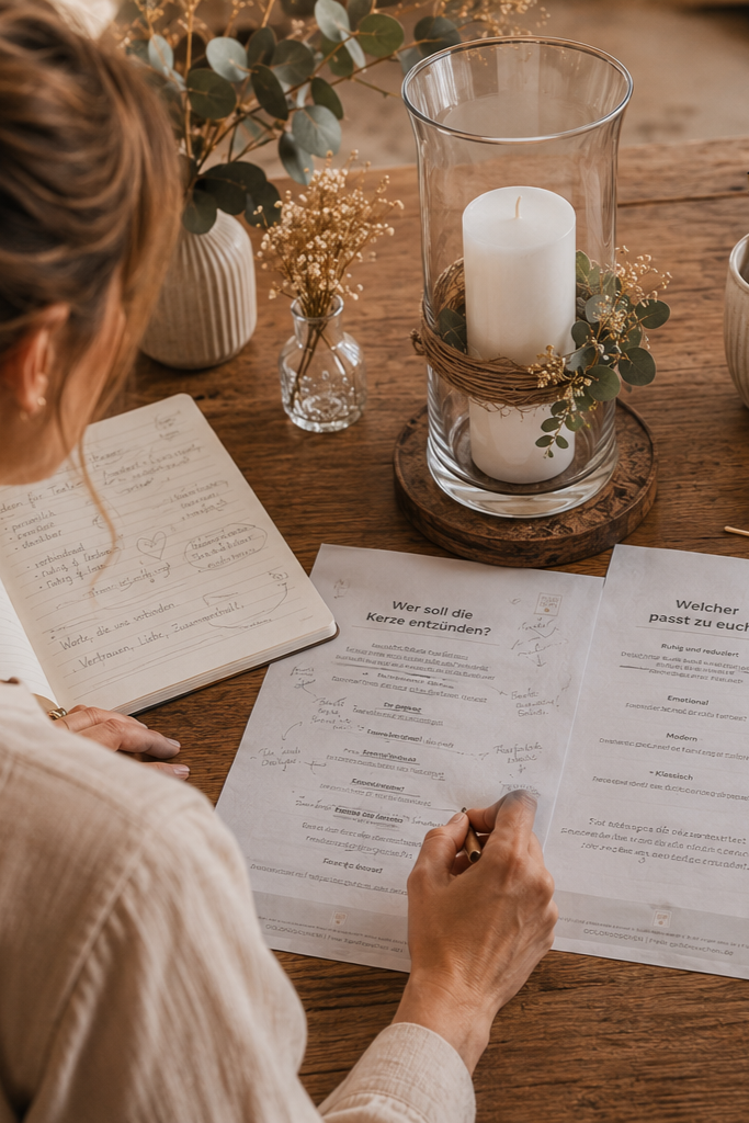 Frau plant eine freie Trauung und arbeitet mit dem PDF „Varianten für die Hochzeitskerze“.