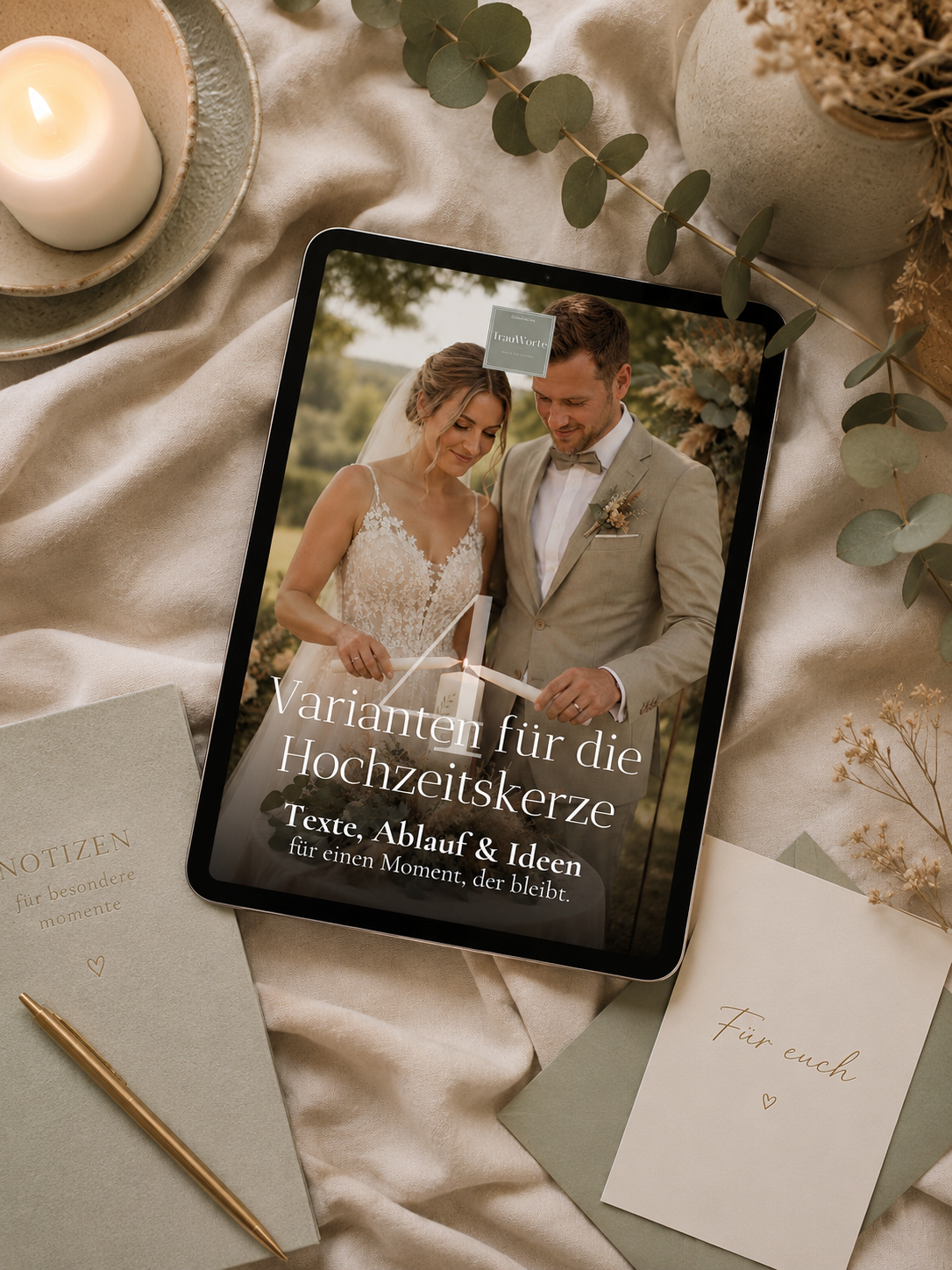 Tablet mit dem TrauWorte Guide „4 Varianten für die Hochzeitskerze“.