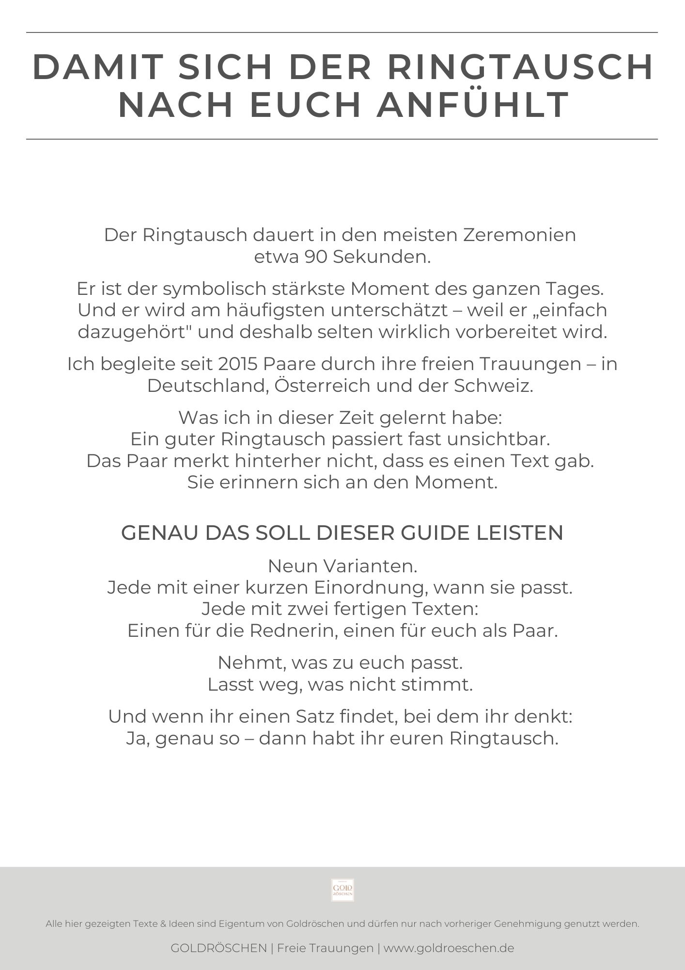 Einleitungsseite des TrauWorte Guides mit 9 Ringtausch Varianten für die freie Trauung