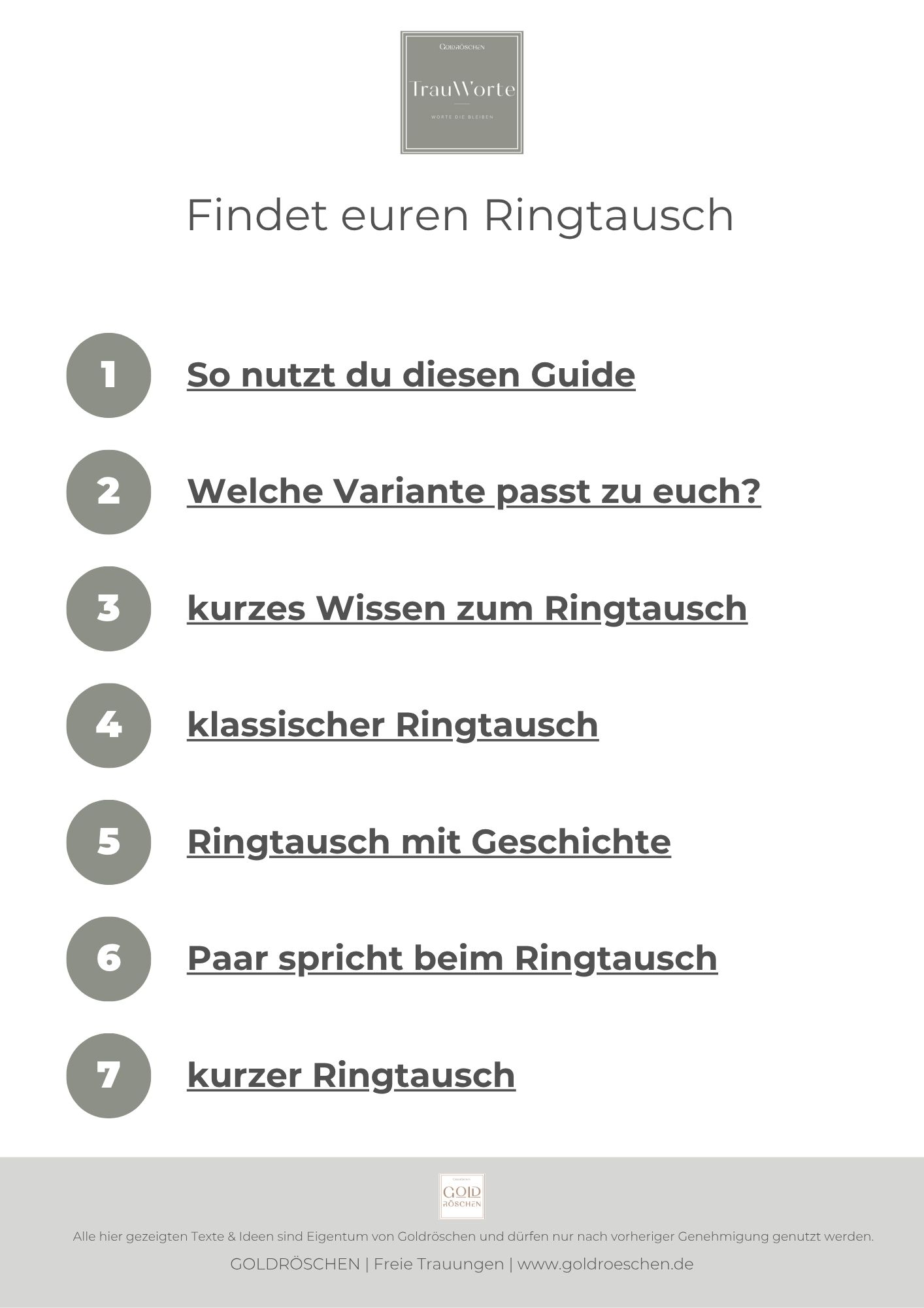 Inhaltsverzeichnis des Ringtausch Guides mit Übersicht der Varianten 1 bis 7