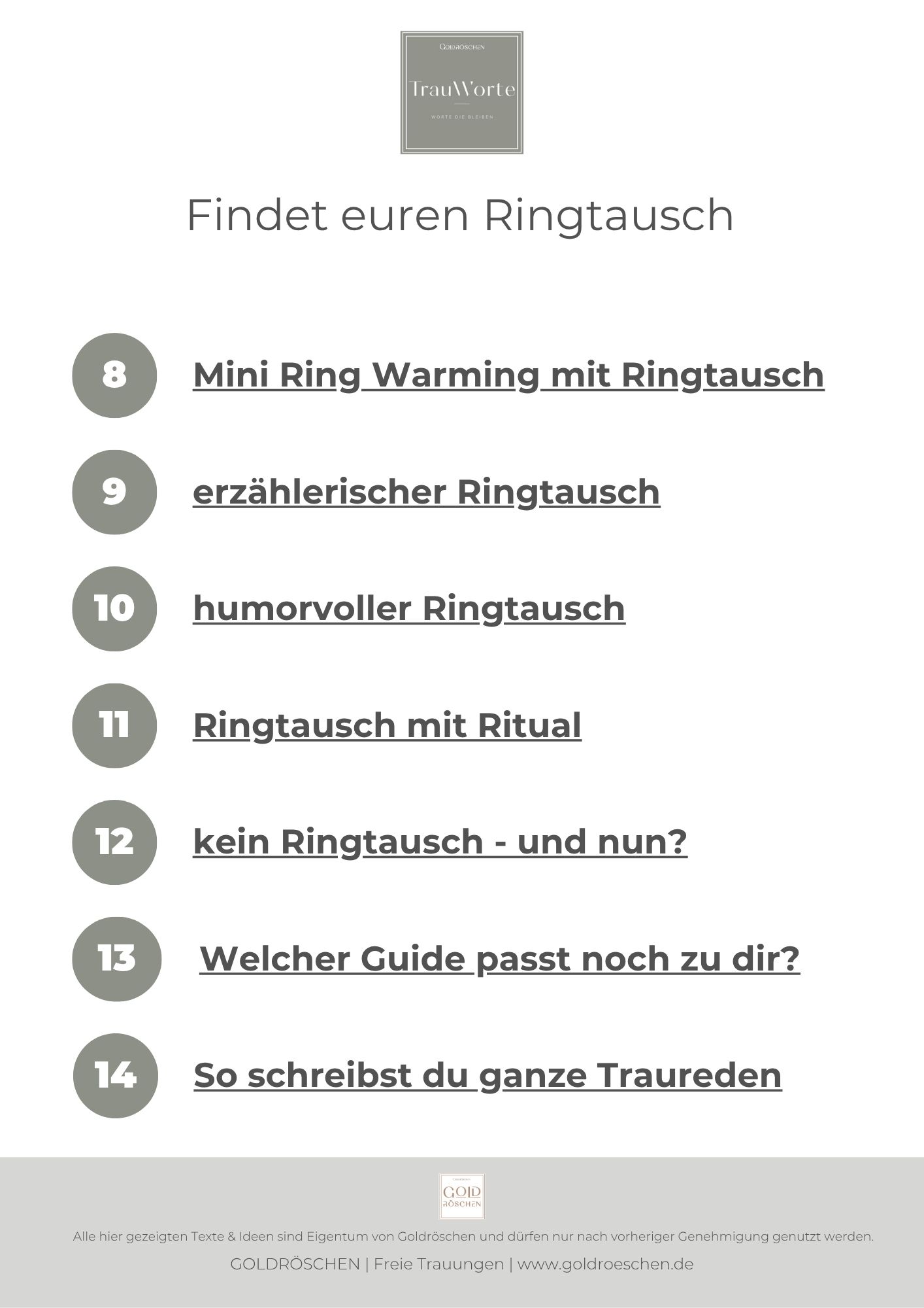 Inhaltsverzeichnis des Ringtausch Guides mit Übersicht der Varianten 8 bis 14
