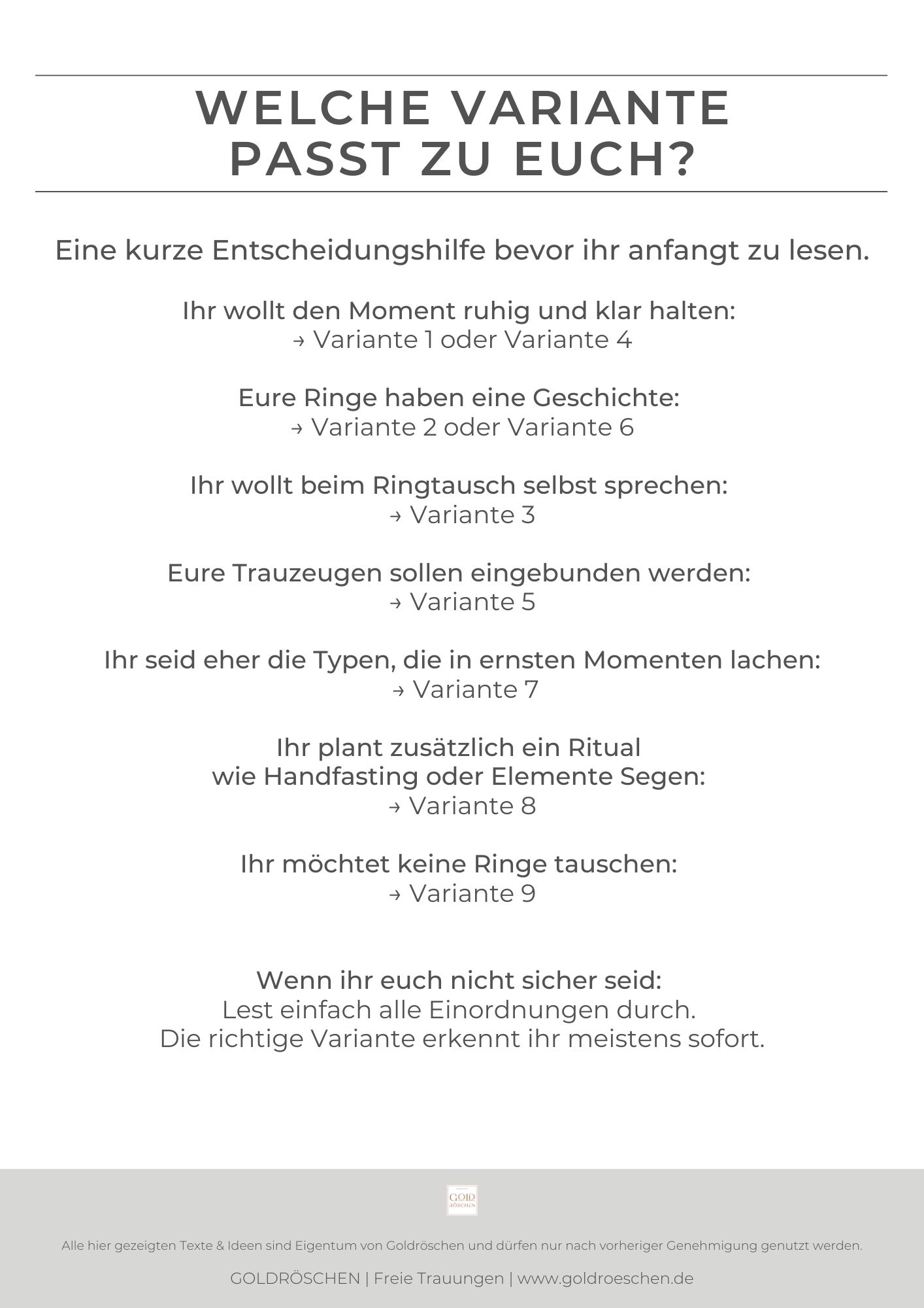 Übersichtsseite mit Entscheidungshilfe für die passende Ringtausch Variante in der freien Trauung