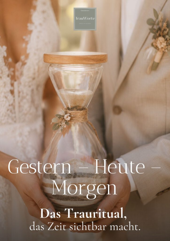 Cover des TrauWorte Guides „Gestern – Heute – Morgen“ zum Sanduhr-Ritual für die freie Trauung.