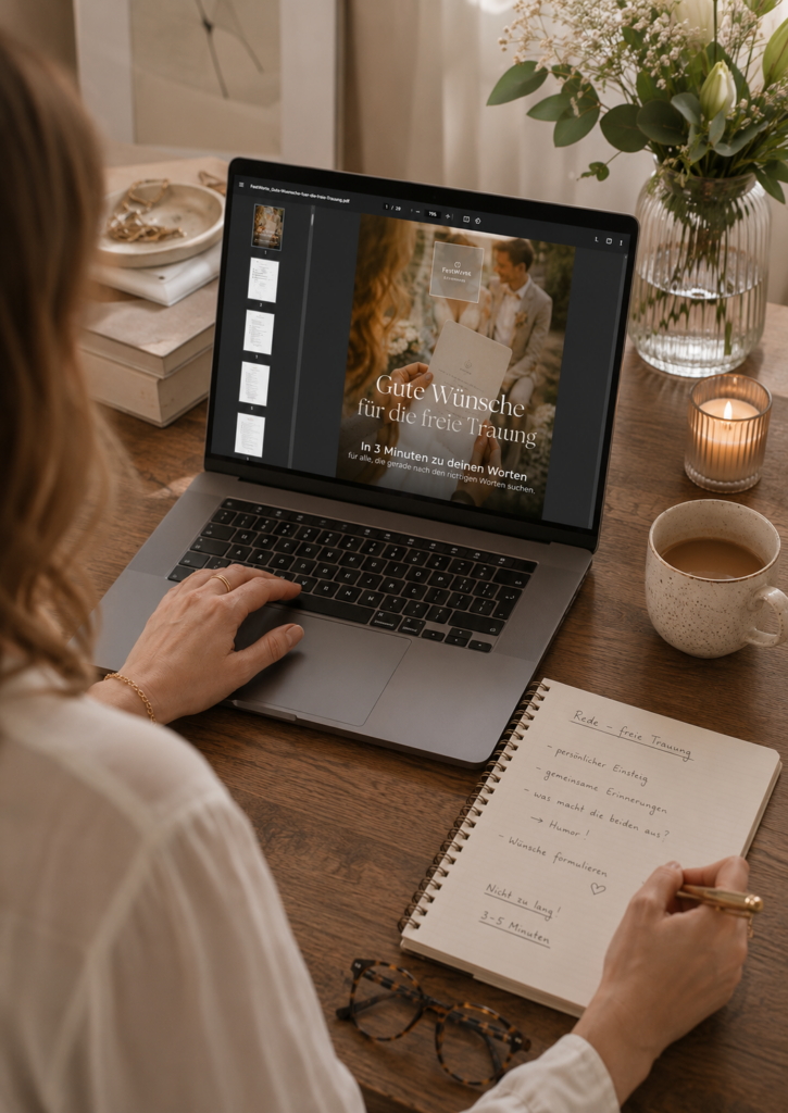 Frau arbeitet am FestWorte PDF „Gute Wünsche für die freie Trauung“ am Laptop.