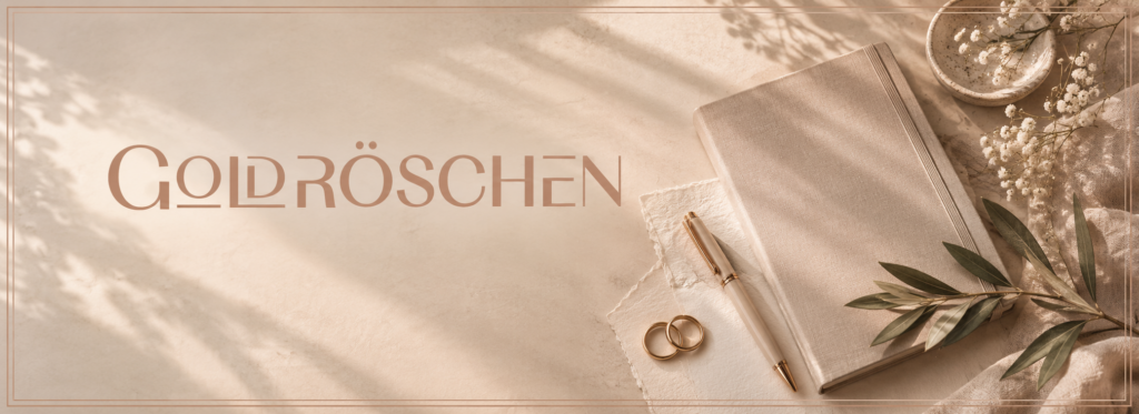 Goldröschen – Notizbuch, Eheringe und Stift auf hellem Hintergrund als Symbol für Worte rund um die freie Trauung