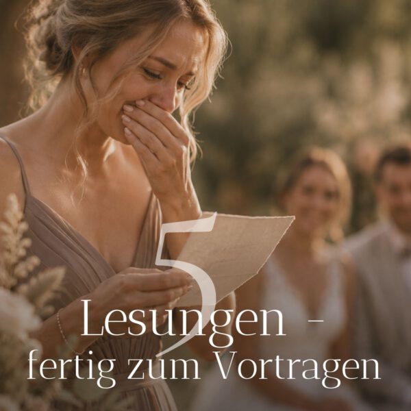 Weinende, lächelnde Brautjungfer liest eine Lesung vor, im Hintergrund die Hochzeitsgesellschaft