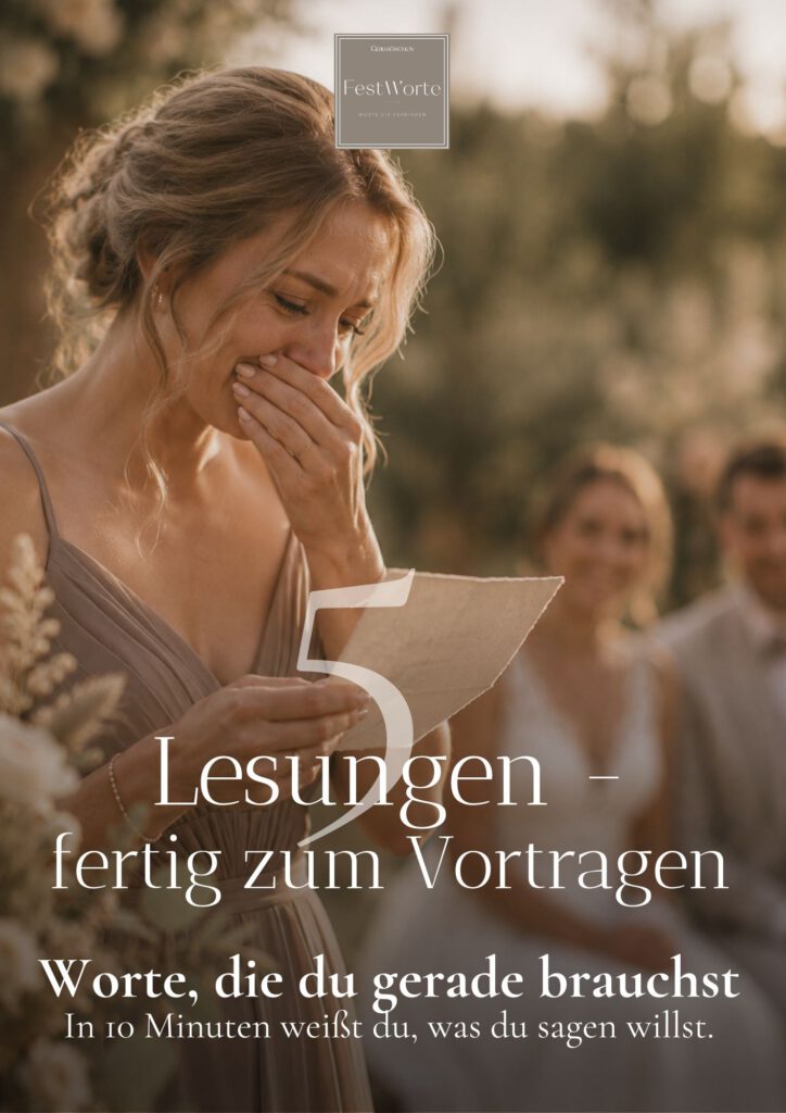 Weinende, lächelnde Brautjungfer liest eine Lesung vor, im Hintergrund die Hochzeitsgesellschaft