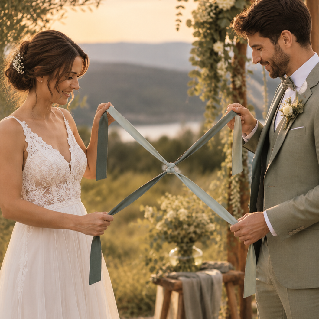 Brautpaar bindet den X-Knoten, Handfasting-Ritual für Paare, die sich online kennengelernt haben