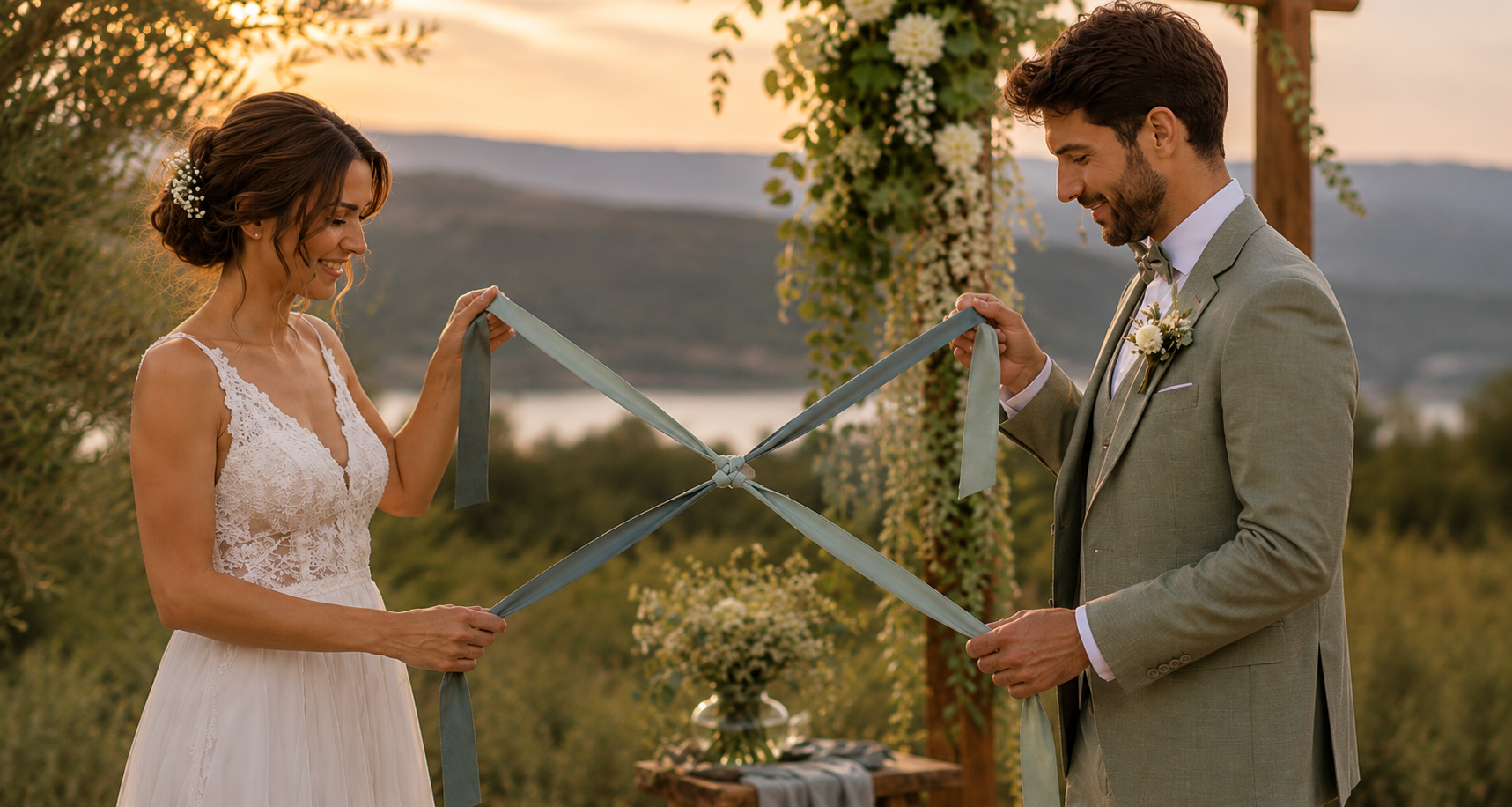 Brautpaar beim X-Knoten als Handfasting-Ritual während der freien Trauung