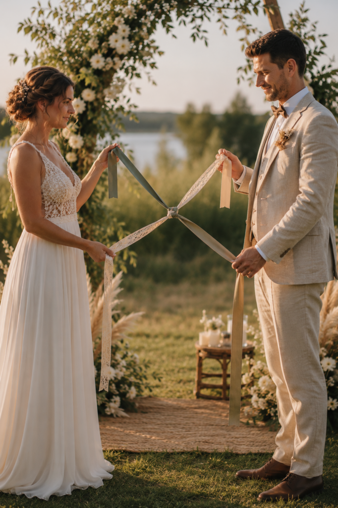 Brautpaar zeigt den X-Knoten beim Handfasting während einer freien Trauung