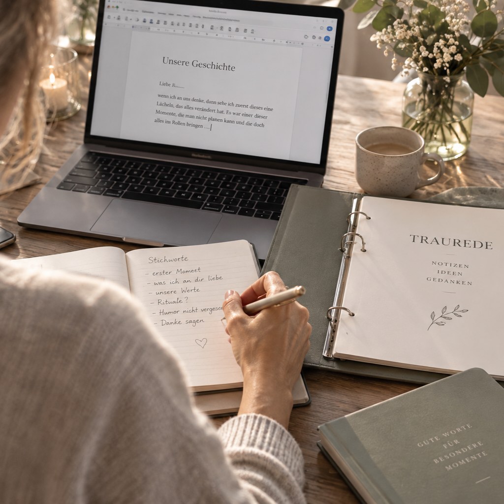 Blick über die Schulter einer Frau, die neben einem Laptop und einer geöffneten Redemappe Notizen macht