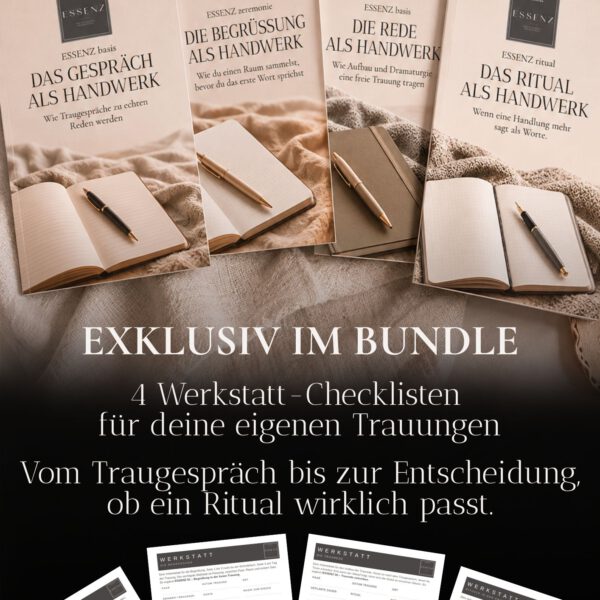 Vier ESSENZ-Fachbücher zu Traugespräch, Begrüßung, Traurede und Ritualen mit vier Werkstatt-Blättern