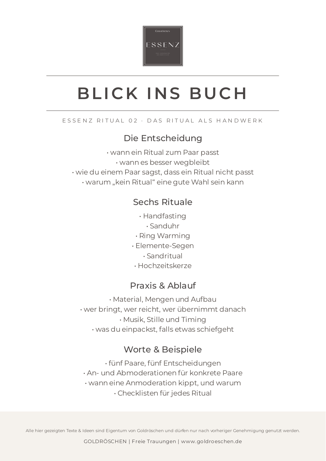 Inhaltsübersicht von ESSENZ ritual 02: Entscheidung, sechs Rituale, Praxis und Ablauf, Worte und Beispiele