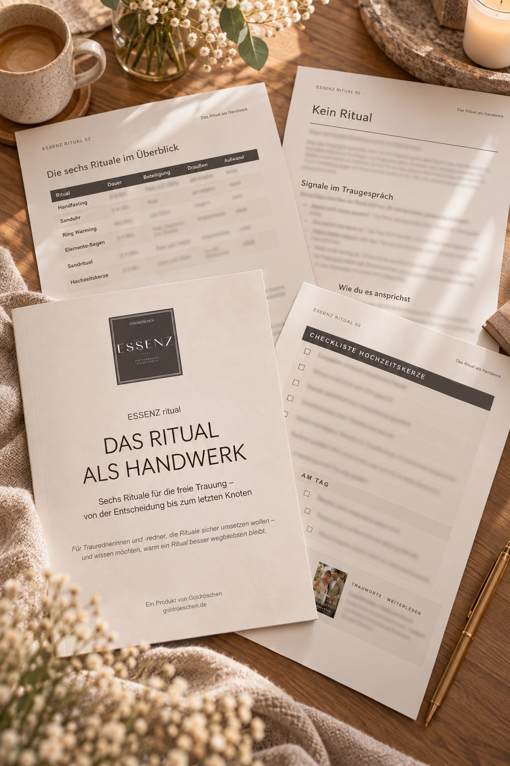 Ausgedruckte Seiten aus ESSENZ ritual 02 mit Checklisten und Beispielen, ausgebreitet auf einem Tisch neben Kaffee und Blumen