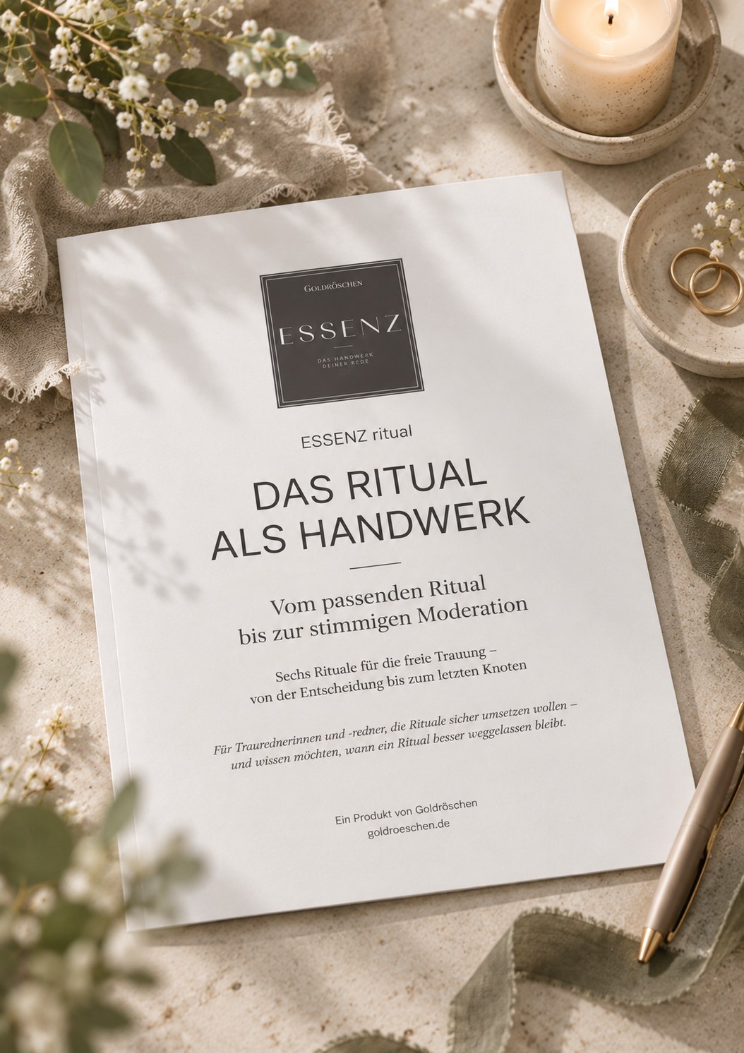 Fachliteratur Ausdruck ESSENZ ritual 02 „Das Ritual als Handwerk“ auf einem Holztisch mit Kerzen und Schleierkraut