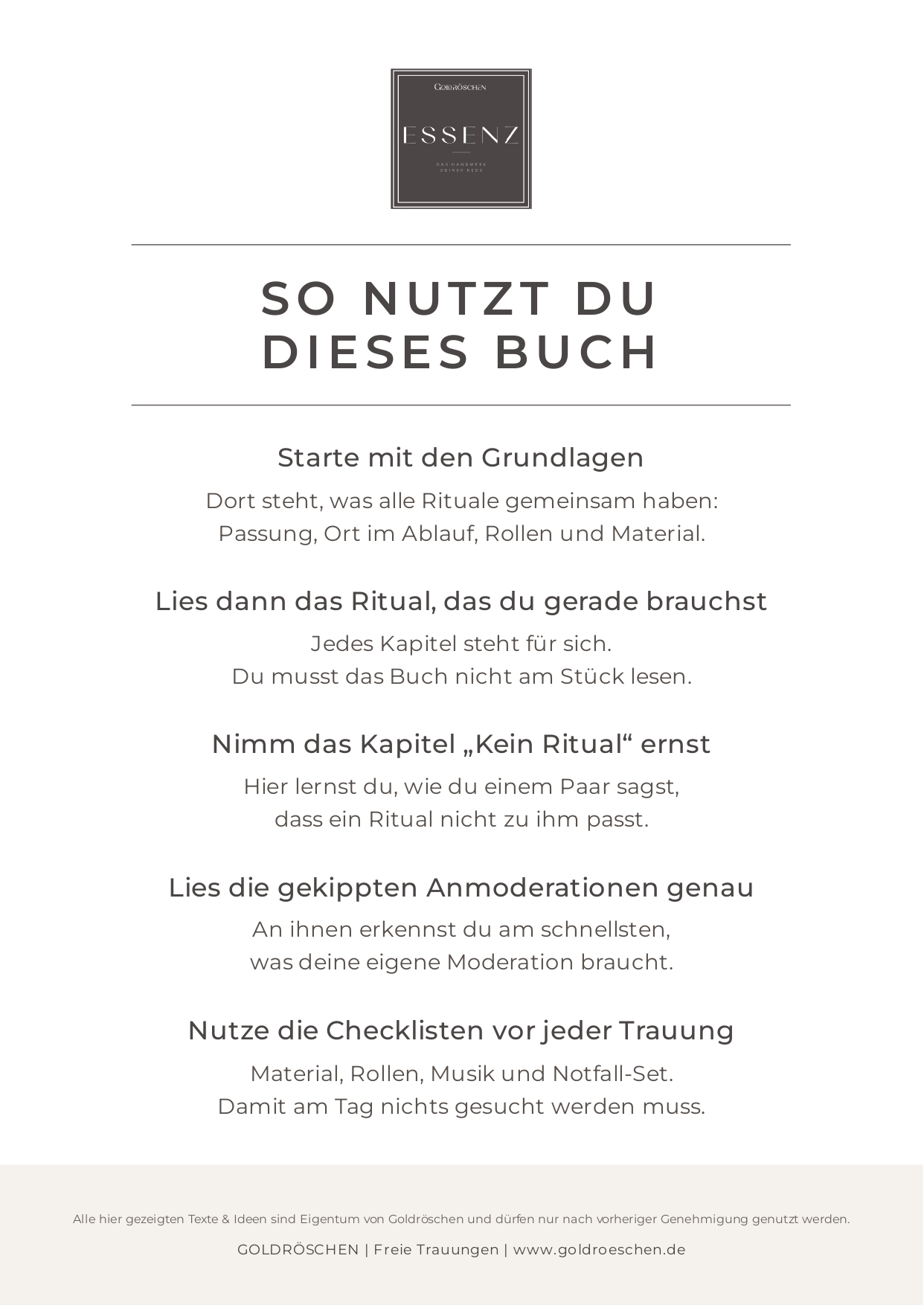 Anleitung „So nutzt du dieses Buch“ für ESSENZ ritual 02 mit fünf Schritten von den Grundlagen bis zur Checkliste