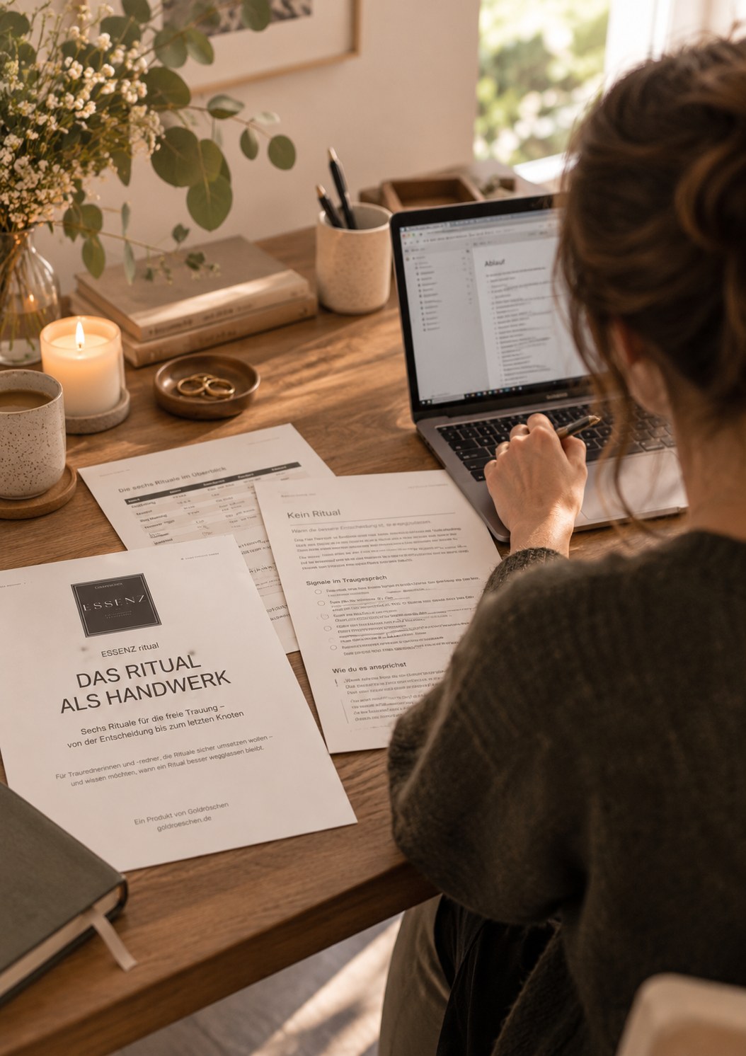 Schreibtisch mit Laptop, Kaffeetasse und dem gedruckten ESSENZ-Buch „Das Ritual als Handwerk“ bei der Vorbereitung einer Trauung