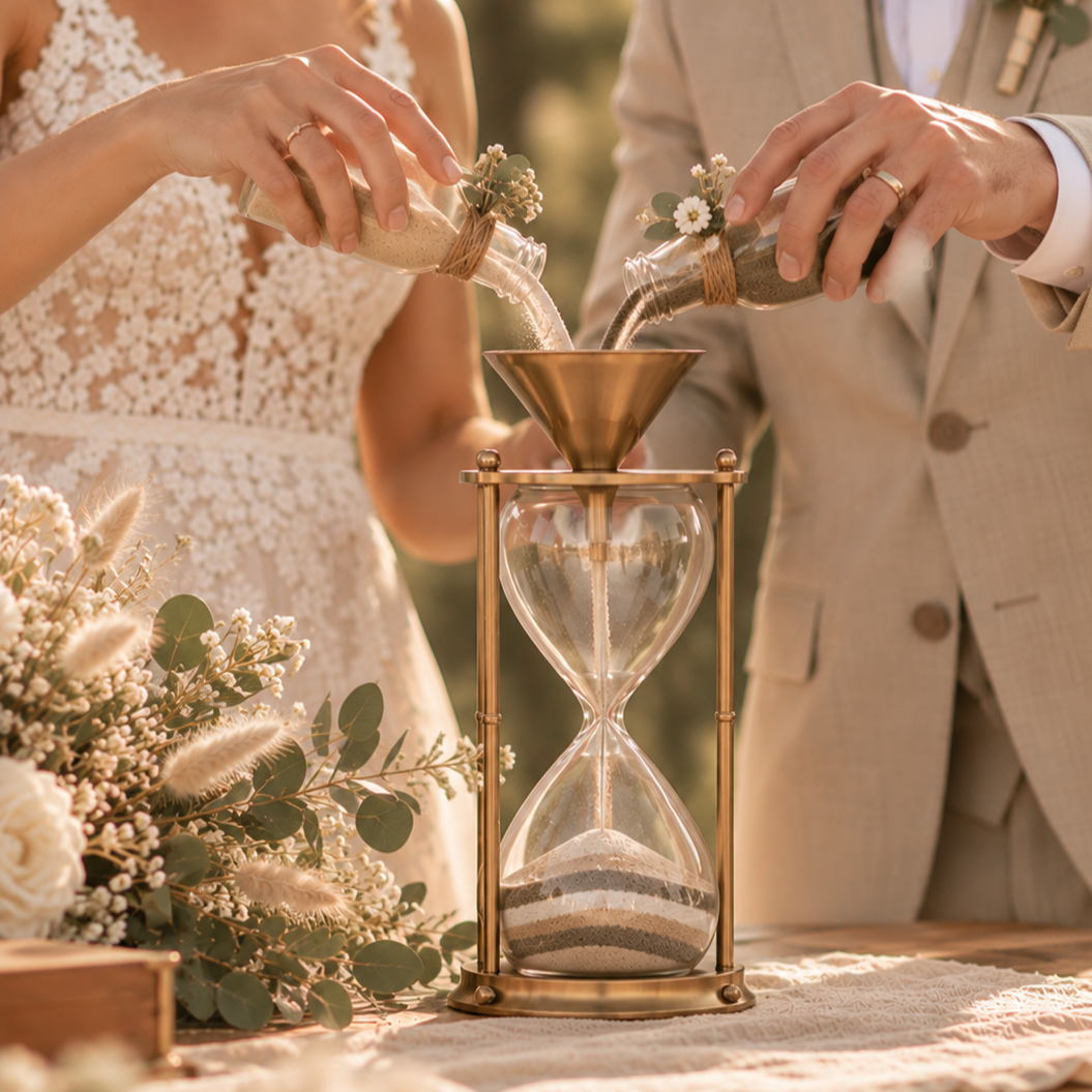 Sanduhr Ritual Hochzeit: Braut und Bräutigam gießen eigenen Sand über einen goldenen Trichter in eine leere Sanduhr