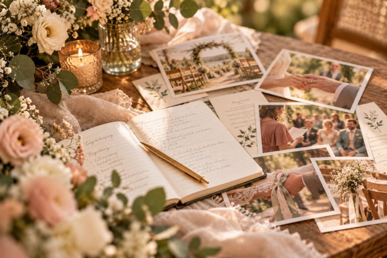 Textbeispiele freie Trauung: Notizbuch mit handgeschriebener Traurede, umgeben von Fotos einer freien Trauung und Blumen