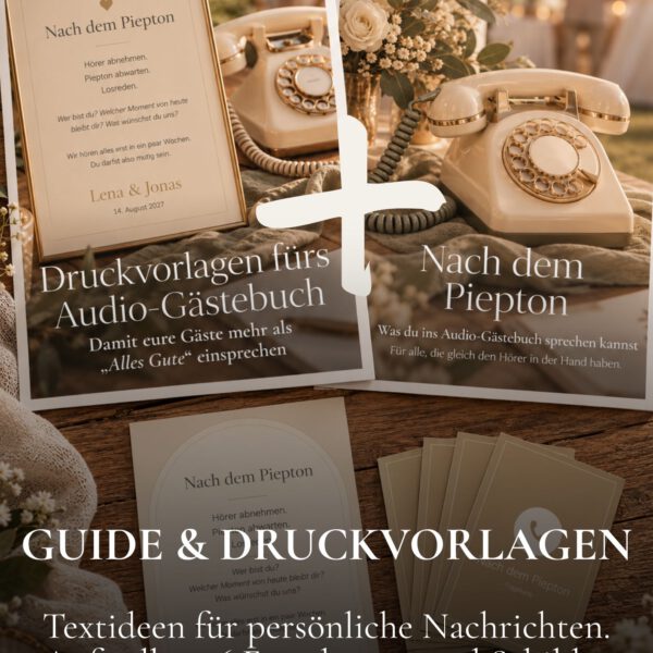 Goldröschen-Set fürs Audio-Gästebuch zur Hochzeit mit Guide, personalisierbaren Aufstellern und 16 Fragekarten.
