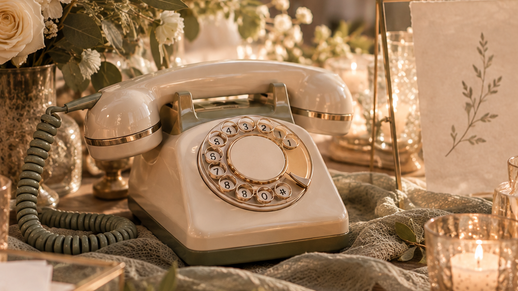 Cremefarbenes Retro-Telefon mit Wählscheibe auf dem Hochzeitstisch zwischen Kerzen, Grün und weißen Blumen
