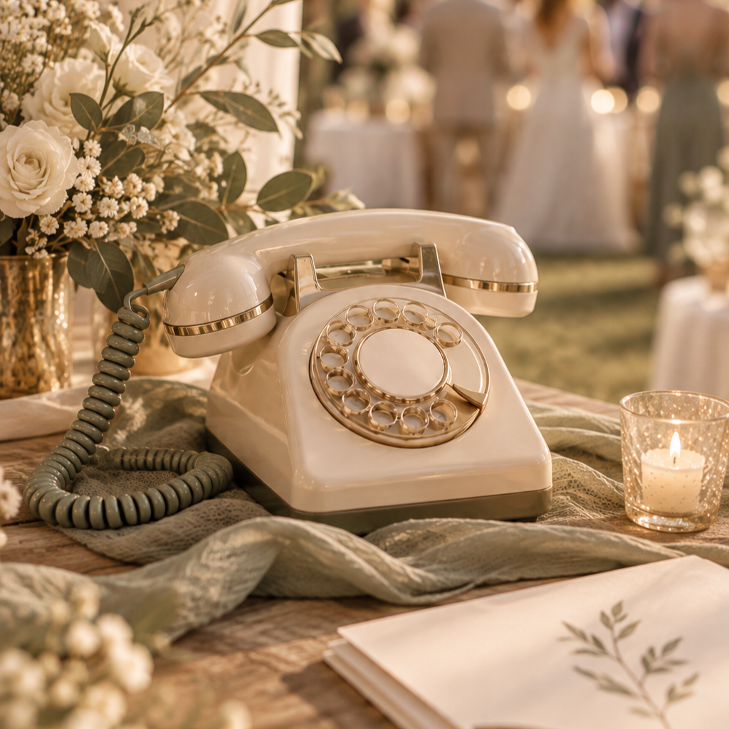Audio-Gästebuch Hochzeit: cremefarbenes Retro-Telefon mit Wählscheibe auf salbeigrünem Tuch mit Kerzen und weißen Blumen